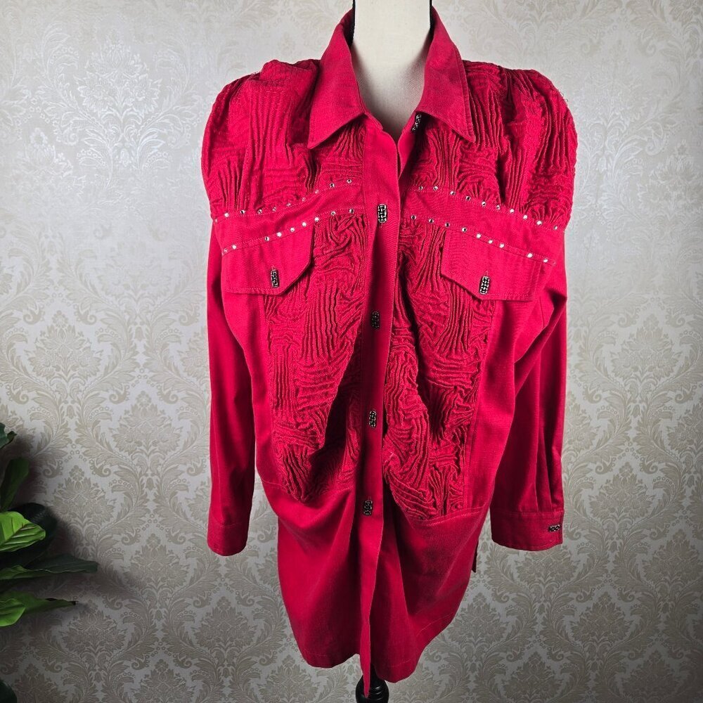 Vintage Saint Germain Paris Size XL Red Button Front Shirt Jacket Crystals